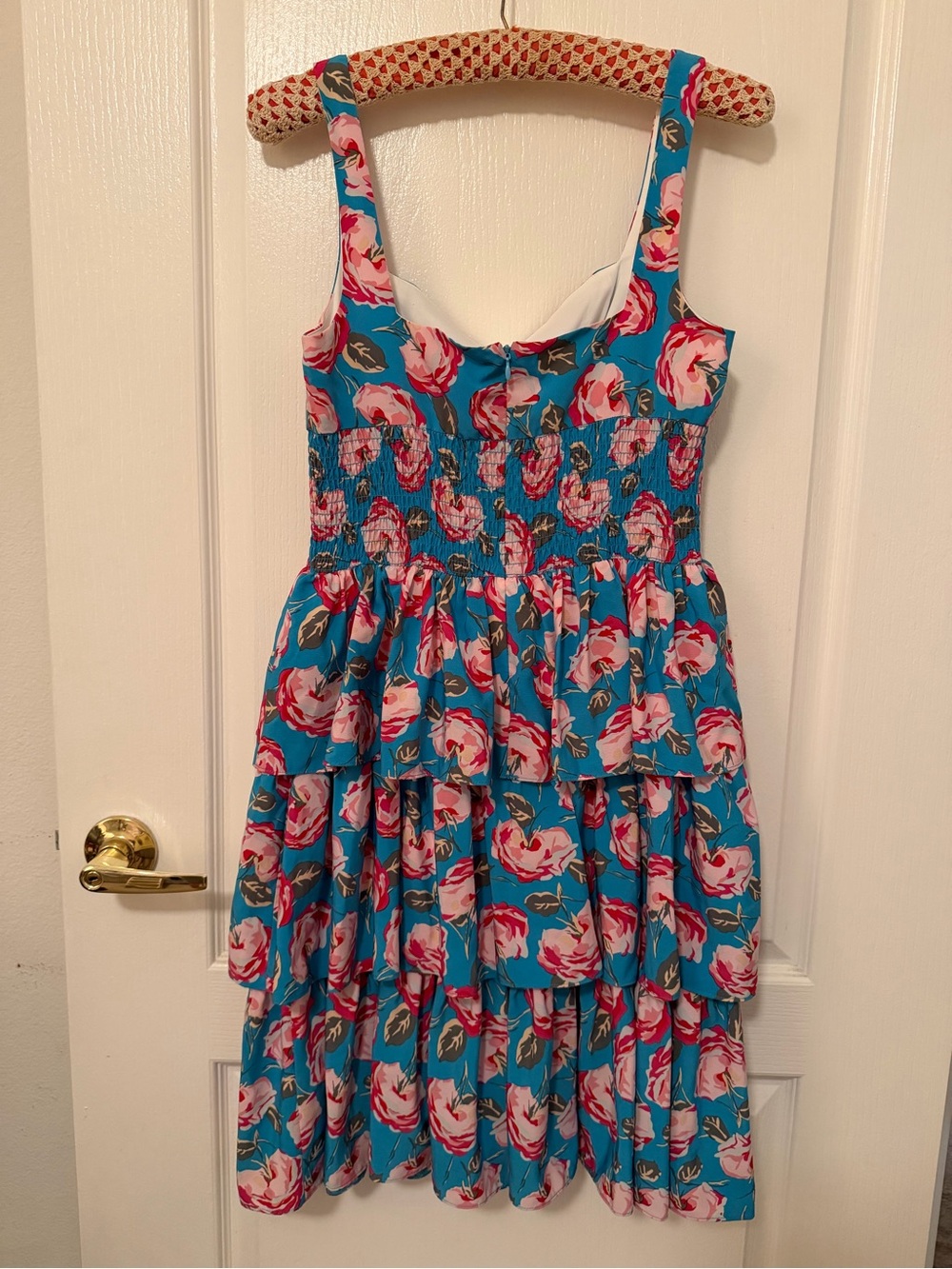 Betsey Johnson Blue Floral Tiered Mini Dress with Pink Roses - Picture 2 of 6